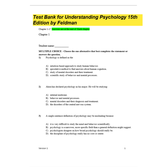 Test Bank For Understanding Psychology 15th Edition By Feldman-Socratu