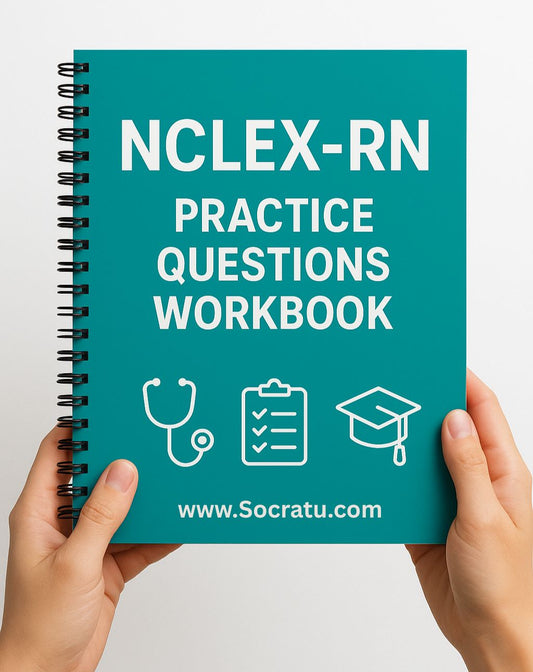 Teal workbook titled 'NCLEX-RN Practice Questions Workbook Socratu