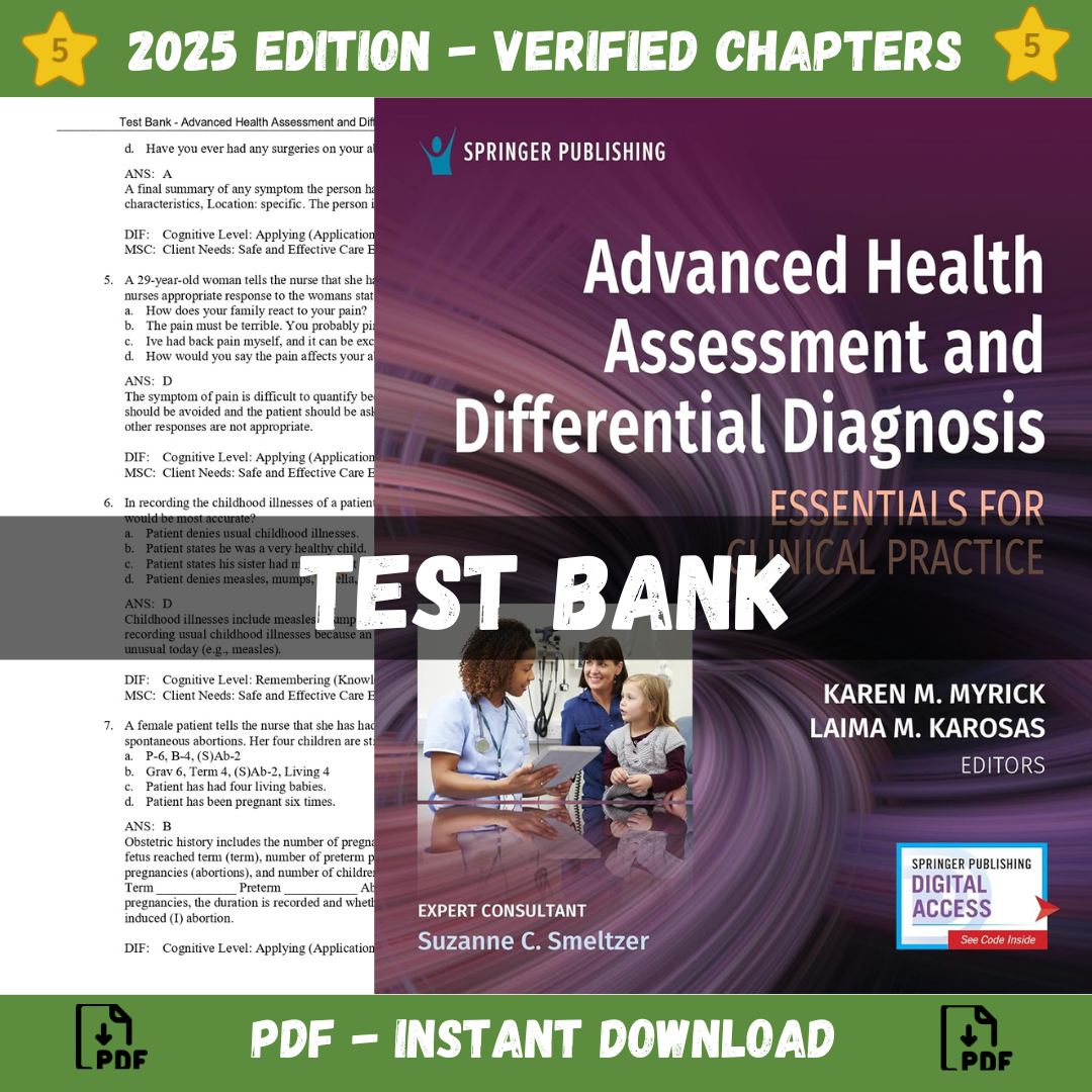 Test Bank – Advanced Health Assessment and Differential Diagnosis Essentials for Clinical Practice 1st Edition (Myrick, 2024)-Socratu