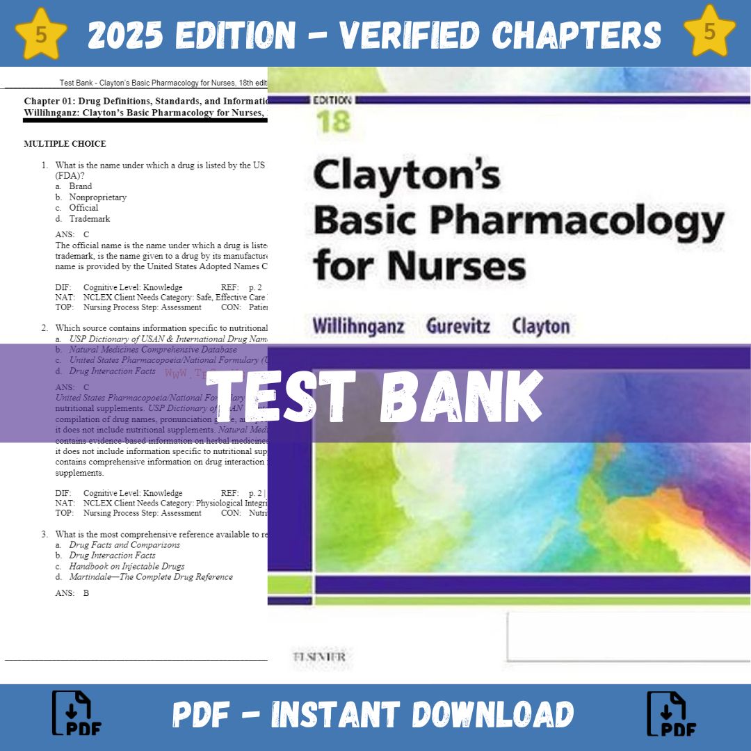 Test Bank – Clayton’s Basic Pharmacology for Nurses, 18th edition (Willihnganz, 2020)-Socratu
