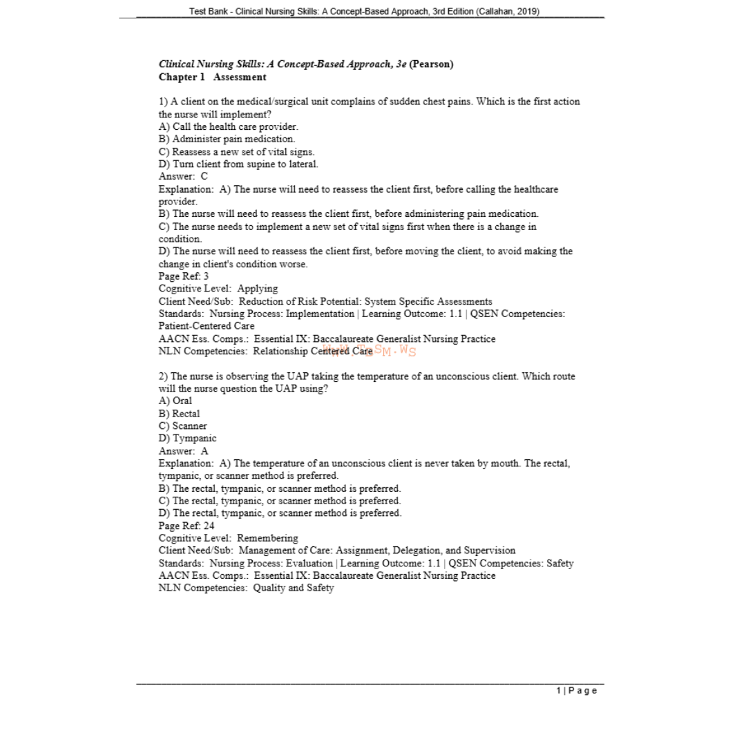Test Bank For Clinical Nursing Skills A Concept-Based Approach, 3rd Edition By Callahan-Socratu