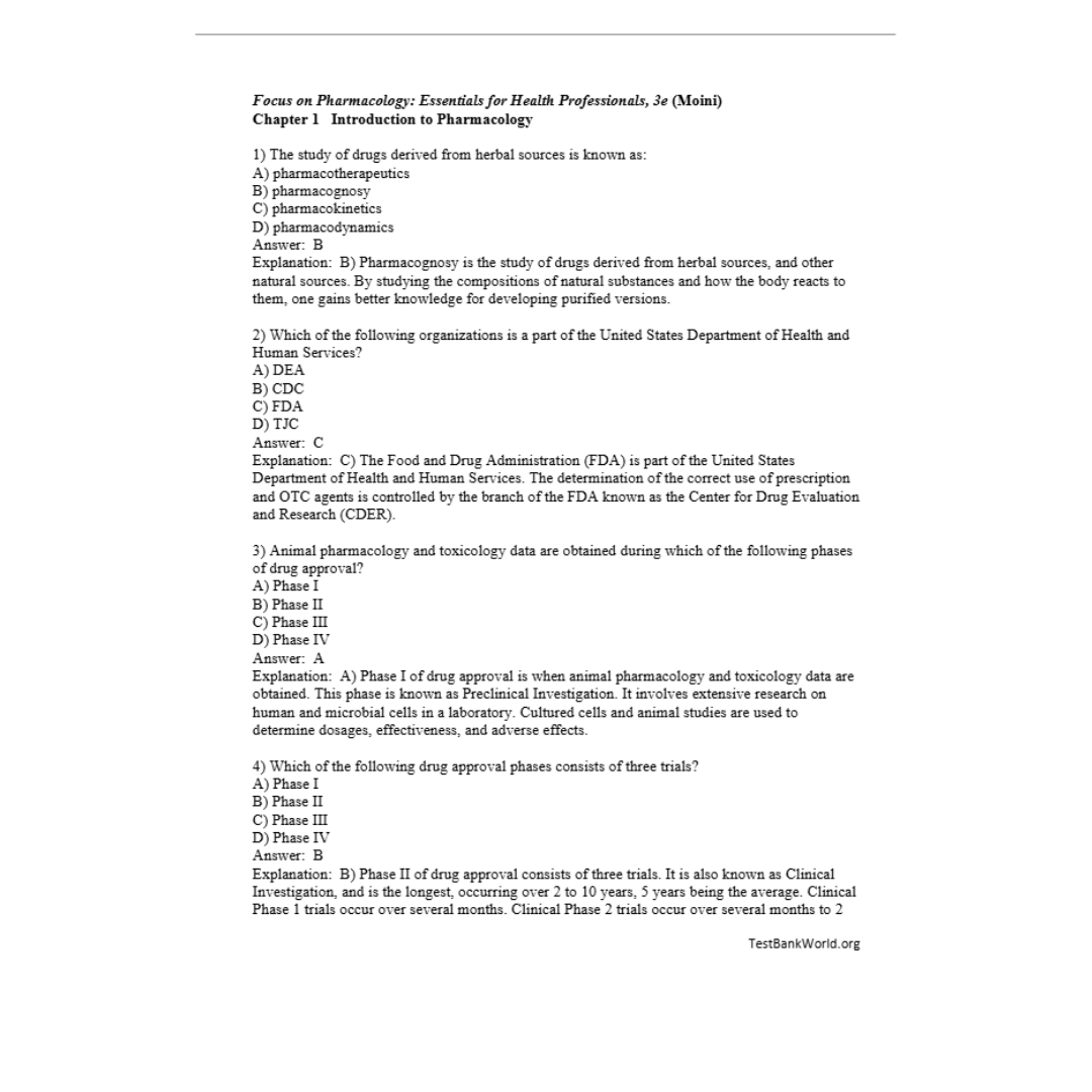 Test Bank For Focus on Pharmacology Essentials for Health Professionals 3rd Edition By Moini-Socratu