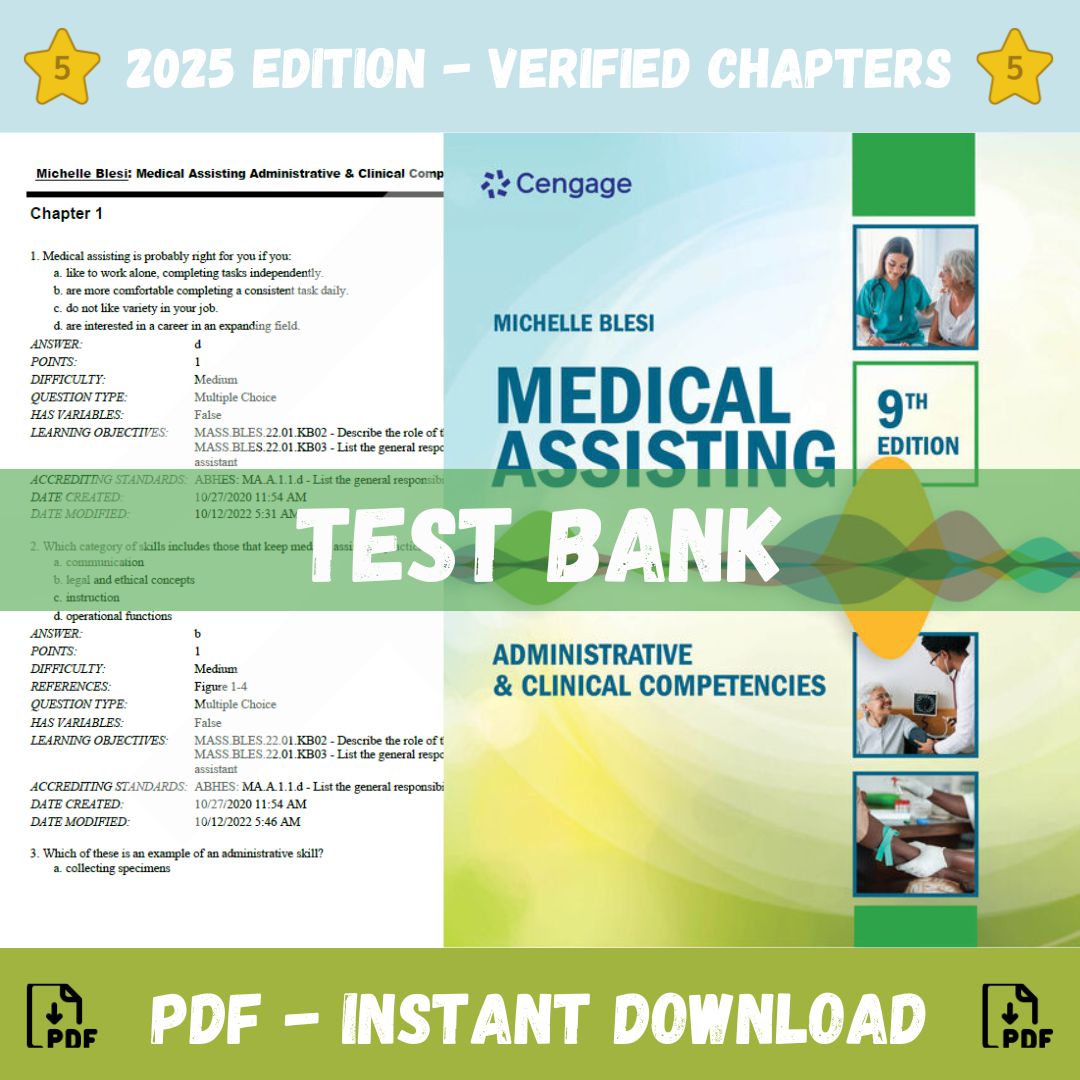 Test Bank – For Medical Assisting Administrative & Clinical Competencies, 9th Edition (Michelle Blesi, 2024)-Socratu
