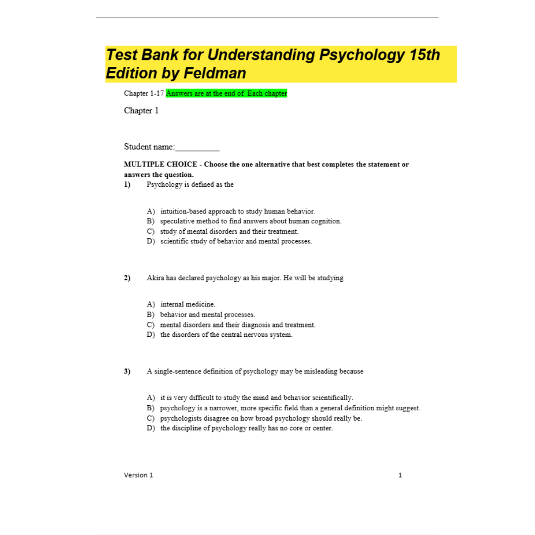 Test Bank For Understanding Psychology 15th Edition By Feldman-Socratu