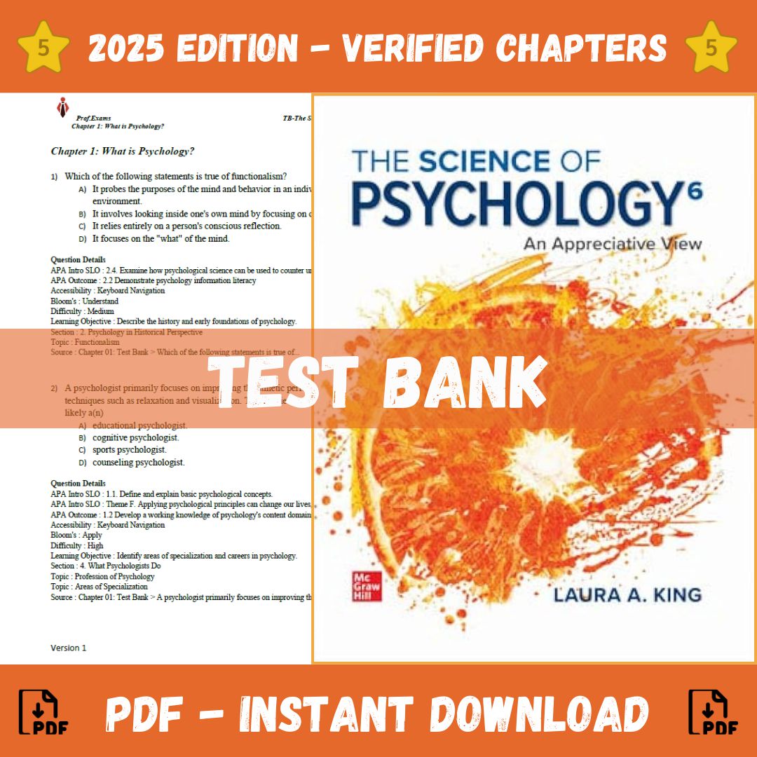 Test Bank – The Science of Psychology: An Appreciative View, 6th Edition (Laura A. King, 2023)-Socratu
