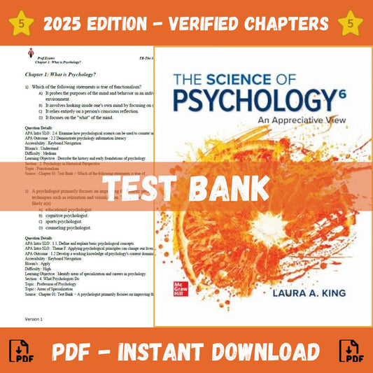 Test Bank – The Science of Psychology: An Appreciative View, 6th Edition (Laura A. King, 2023)-Socratu