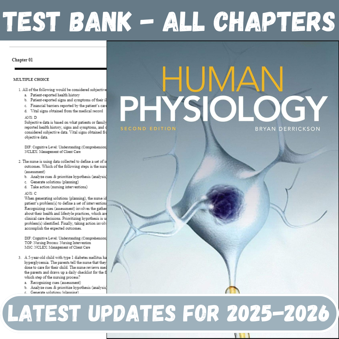 Test Bank for Human Physiology, 2nd Edition by Derrickson-Socratu