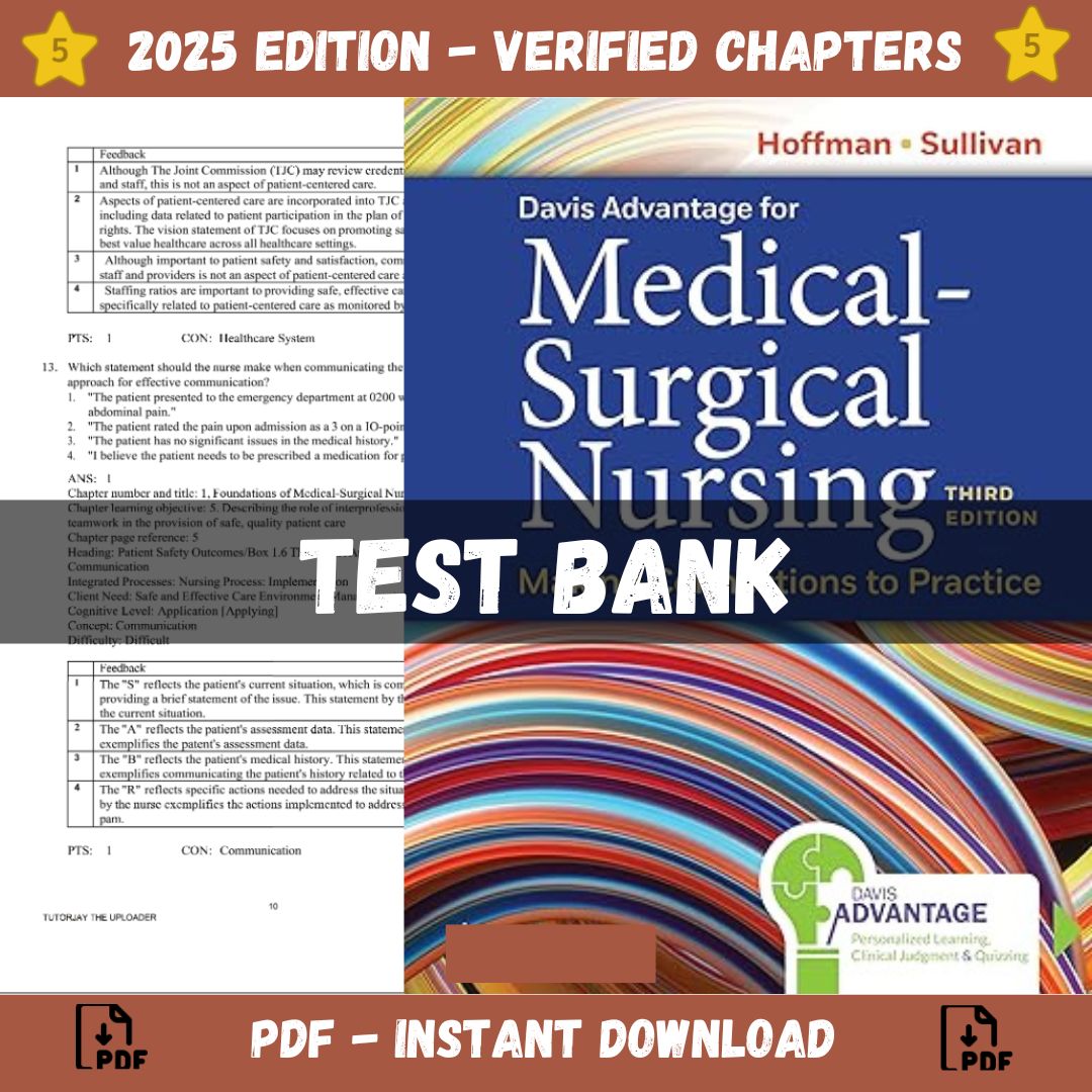 Test bank – Davis Advantage for Medical-Surgical Nursing Making Connections to Practice, 3rd Edition (Sullivan Hofman, 2023)-Socratu