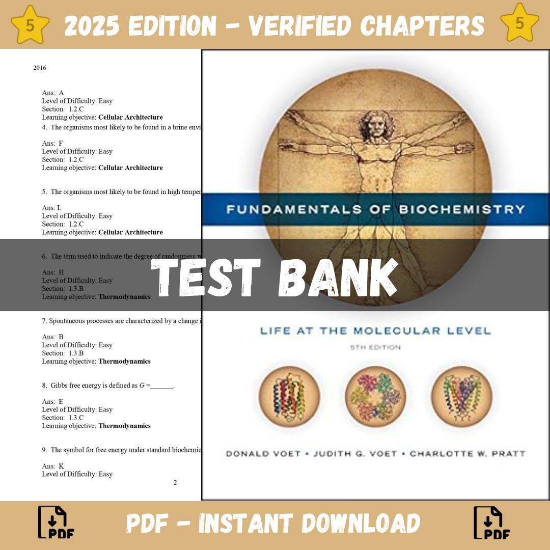 Test bank – Fundamentals of Biochemistry: Life at the Molecular Level, 5th Edition (Donald Voet, 2023)-Socratu